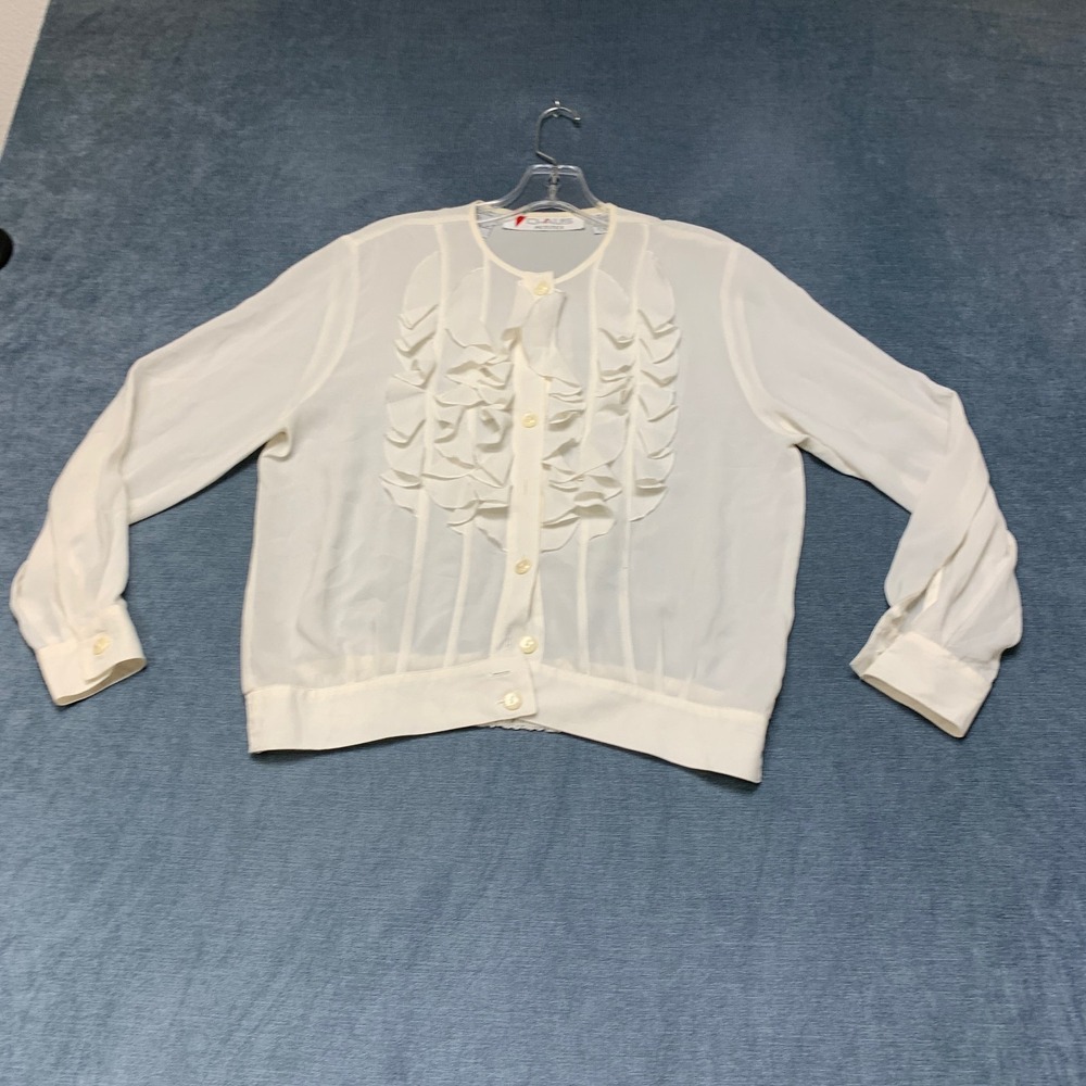 Chaus Blouse Top Womens 10 Petite White Ruffle Detail Long Sleeve Button Front